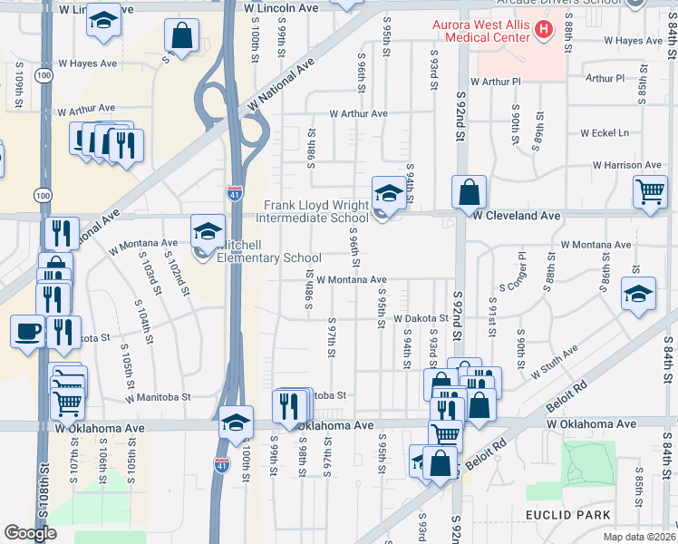 map of restaurants, bars, coffee shops, grocery stores, and more near 9705 West Montana Avenue in West Allis
