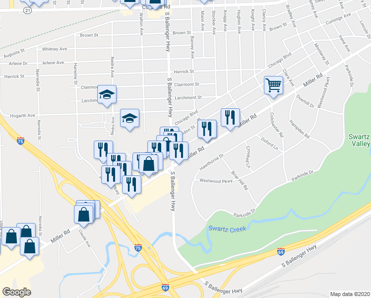 map of restaurants, bars, coffee shops, grocery stores, and more near 3525 Yale Street in Flint