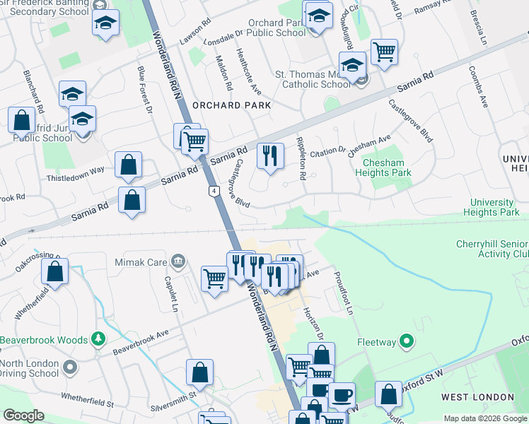 map of restaurants, bars, coffee shops, grocery stores, and more near 465 Castlegrove Boulevard in London
