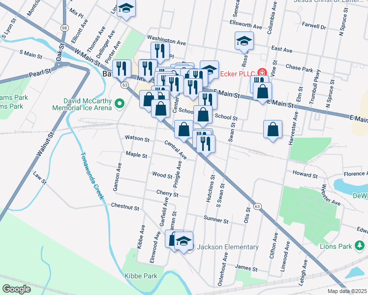 map of restaurants, bars, coffee shops, grocery stores, and more near 39 Central Avenue in Batavia