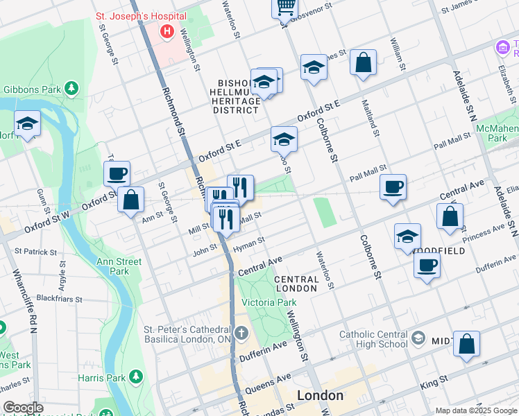 map of restaurants, bars, coffee shops, grocery stores, and more near 640 Wellington Street in London