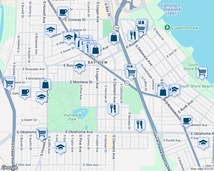 map of restaurants, bars, coffee shops, grocery stores, and more near 2812 South Herman Street in Milwaukee