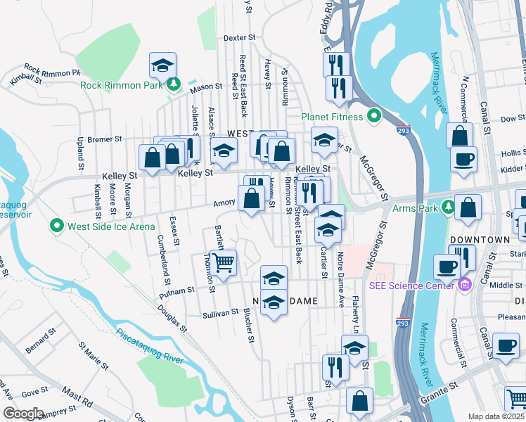 map of restaurants, bars, coffee shops, grocery stores, and more near 257 Amory Street in Manchester