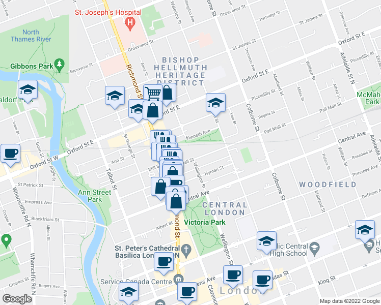 map of restaurants, bars, coffee shops, grocery stores, and more near 640 Wellington Street in London