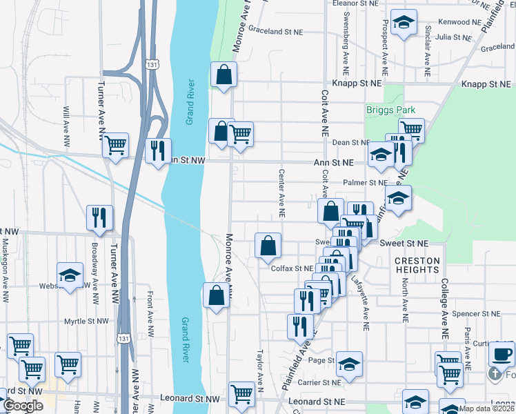 map of restaurants, bars, coffee shops, grocery stores, and more near 2 Travis Street Northeast in Grand Rapids