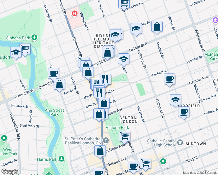 map of restaurants, bars, coffee shops, grocery stores, and more near 250 Pall Mall Street in London