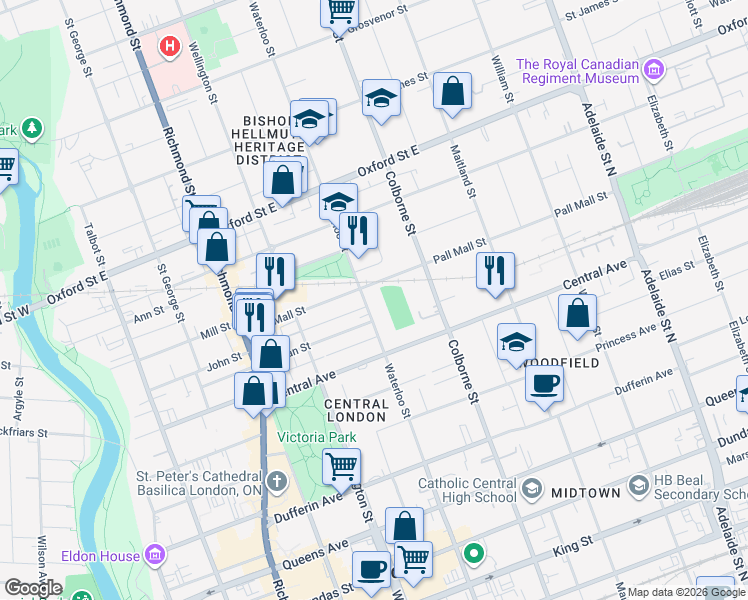 map of restaurants, bars, coffee shops, grocery stores, and more near 650 Waterloo Street in London