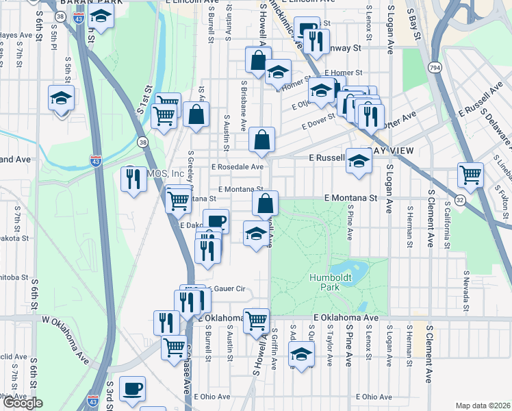 map of restaurants, bars, coffee shops, grocery stores, and more near 2835 South Howell Avenue in Milwaukee