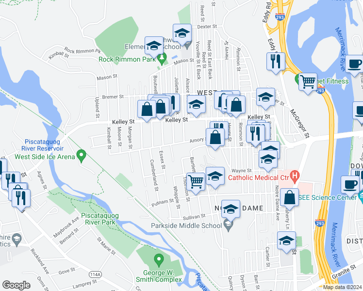 map of restaurants, bars, coffee shops, grocery stores, and more near 420 Amory Street in Manchester