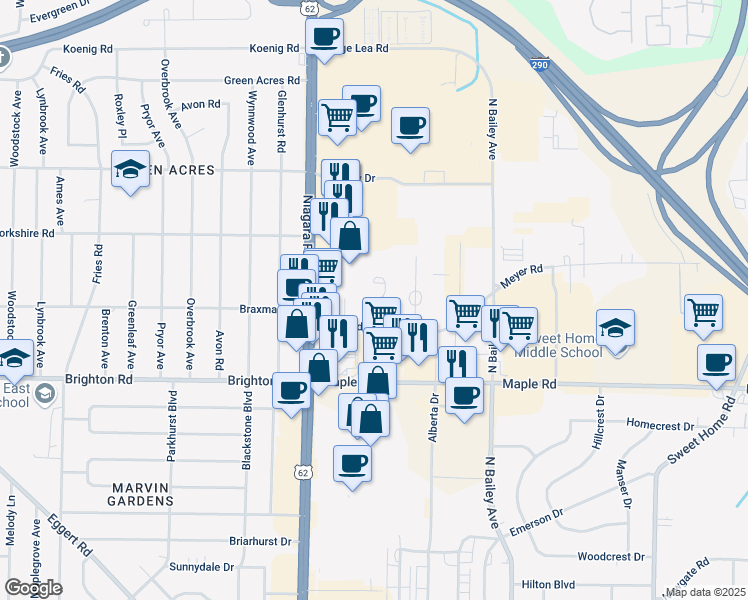 map of restaurants, bars, coffee shops, grocery stores, and more near 80 Meyer Road in Buffalo