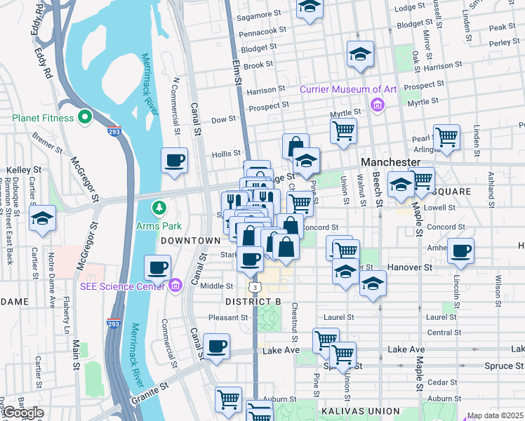 map of restaurants, bars, coffee shops, grocery stores, and more near 1087 Elm Street in Manchester