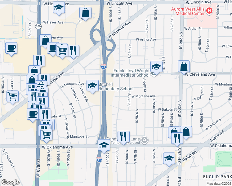map of restaurants, bars, coffee shops, grocery stores, and more near 9905 West Montana Avenue in West Allis