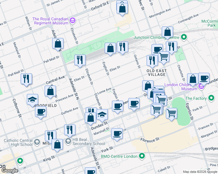map of restaurants, bars, coffee shops, grocery stores, and more near 740 Lorne Avenue in London