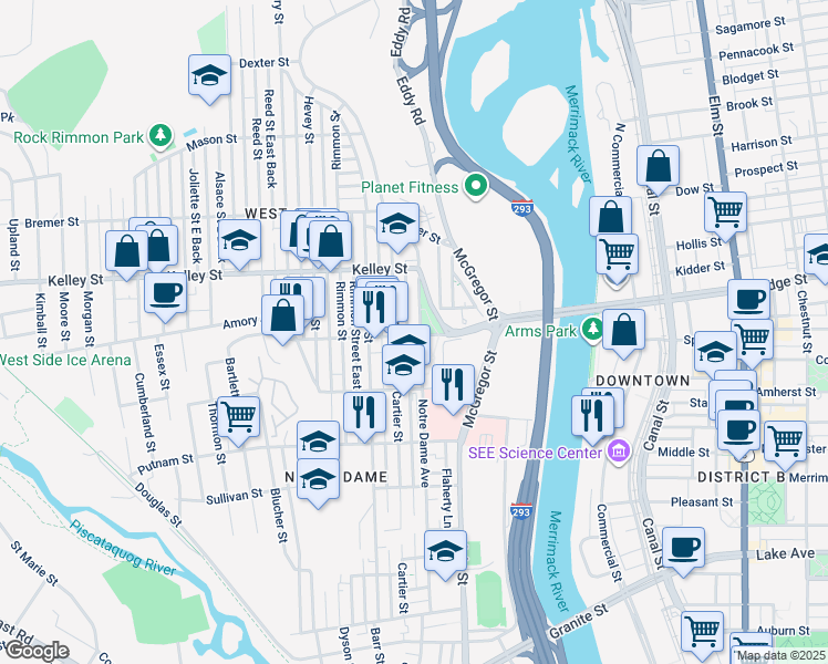 map of restaurants, bars, coffee shops, grocery stores, and more near 134 Amory Street in Manchester