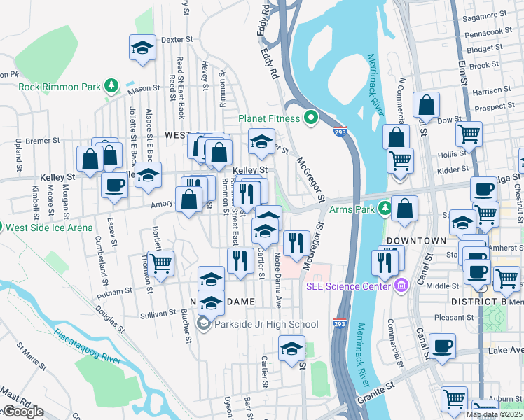 map of restaurants, bars, coffee shops, grocery stores, and more near 134 Amory Street in Manchester