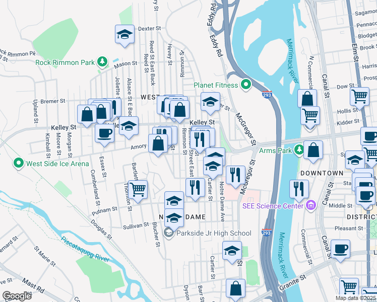map of restaurants, bars, coffee shops, grocery stores, and more near 392 Dubuque Street in Manchester
