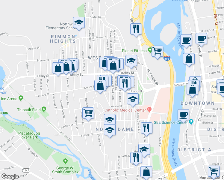 map of restaurants, bars, coffee shops, grocery stores, and more near 419 Hevey Street in Manchester