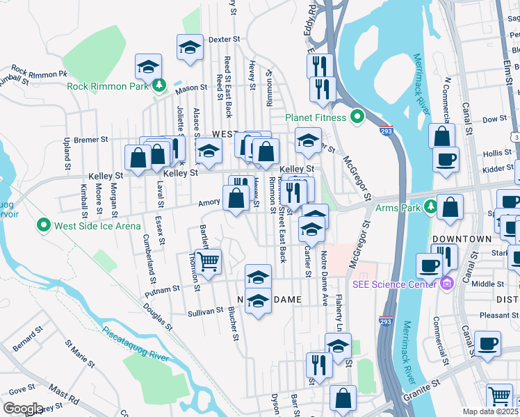 map of restaurants, bars, coffee shops, grocery stores, and more near 419 Hevey Street in Manchester