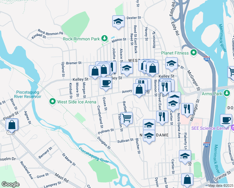 map of restaurants, bars, coffee shops, grocery stores, and more near 428 Amory Street in Manchester