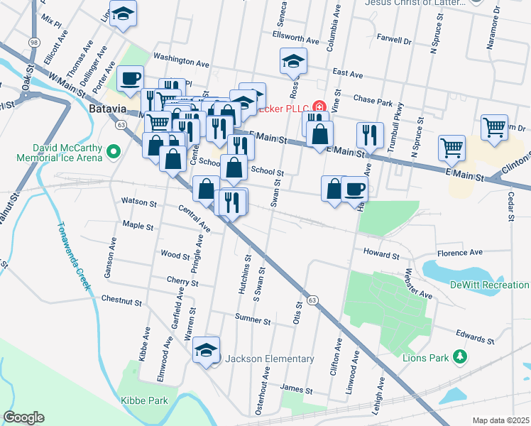 map of restaurants, bars, coffee shops, grocery stores, and more near 45 Liberty Street in Batavia