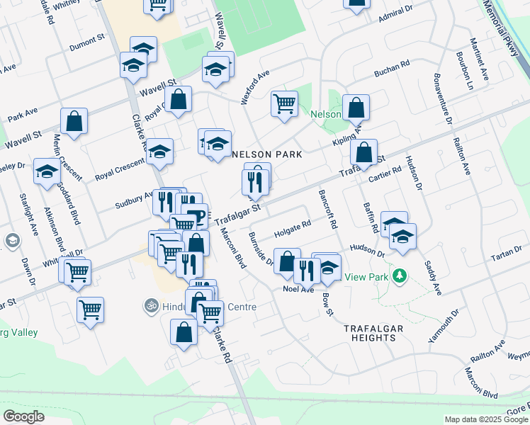 map of restaurants, bars, coffee shops, grocery stores, and more near 197 Burnside Drive in London