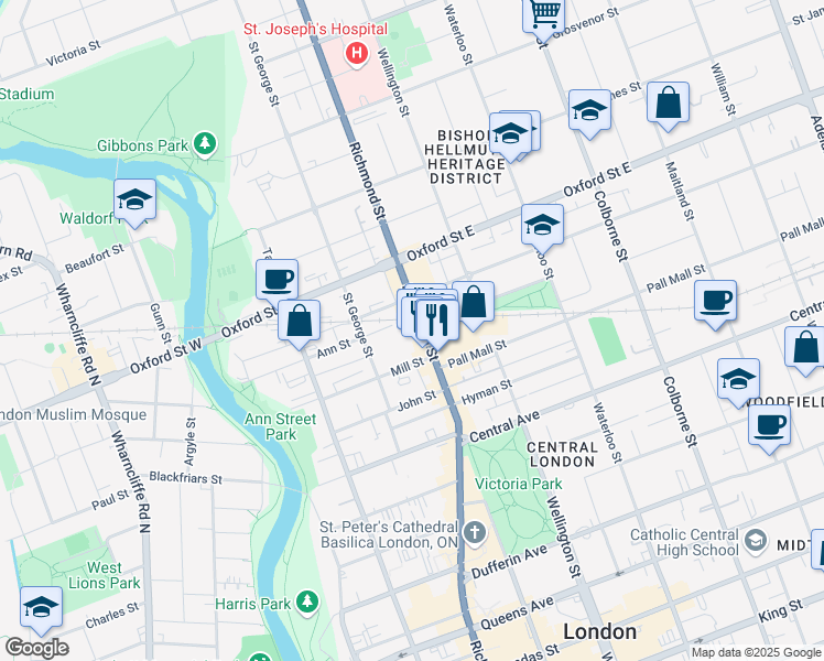 map of restaurants, bars, coffee shops, grocery stores, and more near 660 Richmond Street in London