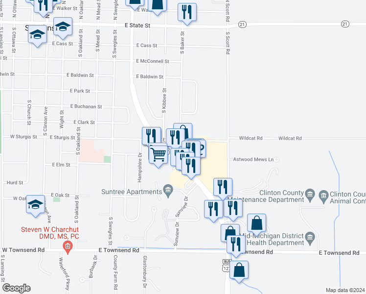 map of restaurants, bars, coffee shops, grocery stores, and more near 907 U.S. 127 Business in Saint Johns