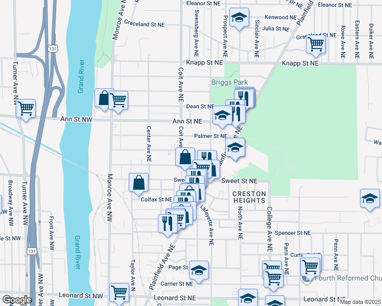 map of restaurants, bars, coffee shops, grocery stores, and more near 227 Dale Street Northeast in Grand Rapids