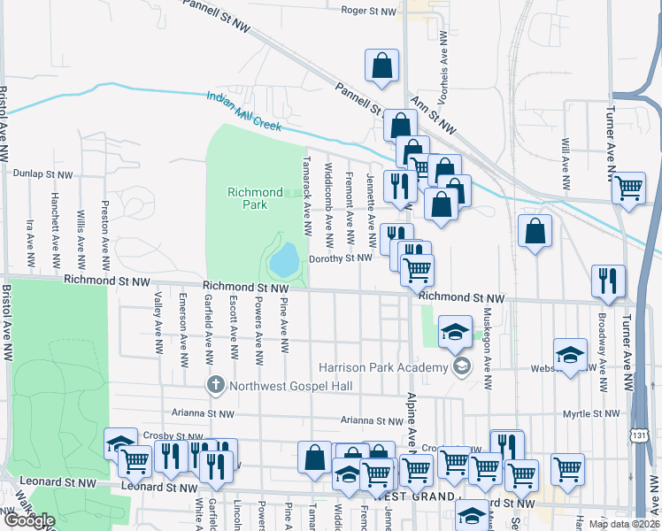 map of restaurants, bars, coffee shops, grocery stores, and more near 935 Richmond Street Northwest in Grand Rapids