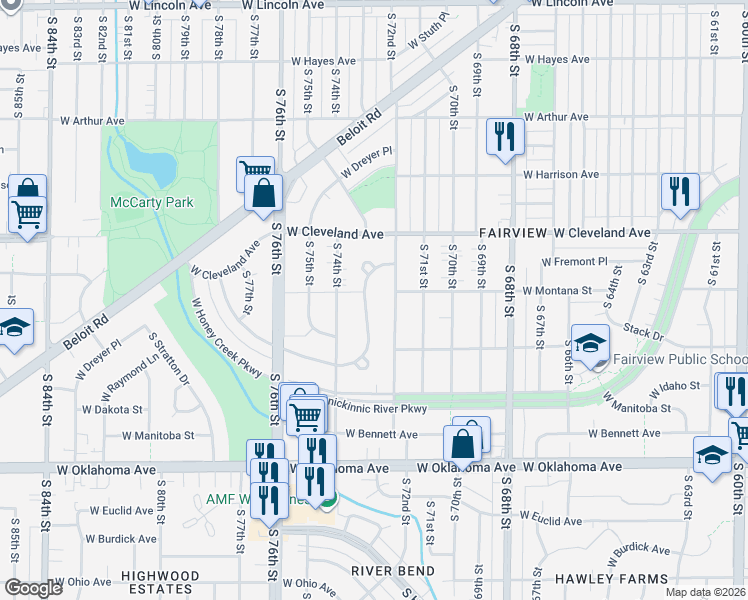 map of restaurants, bars, coffee shops, grocery stores, and more near 2838 South Cleveland Park Drive in West Allis