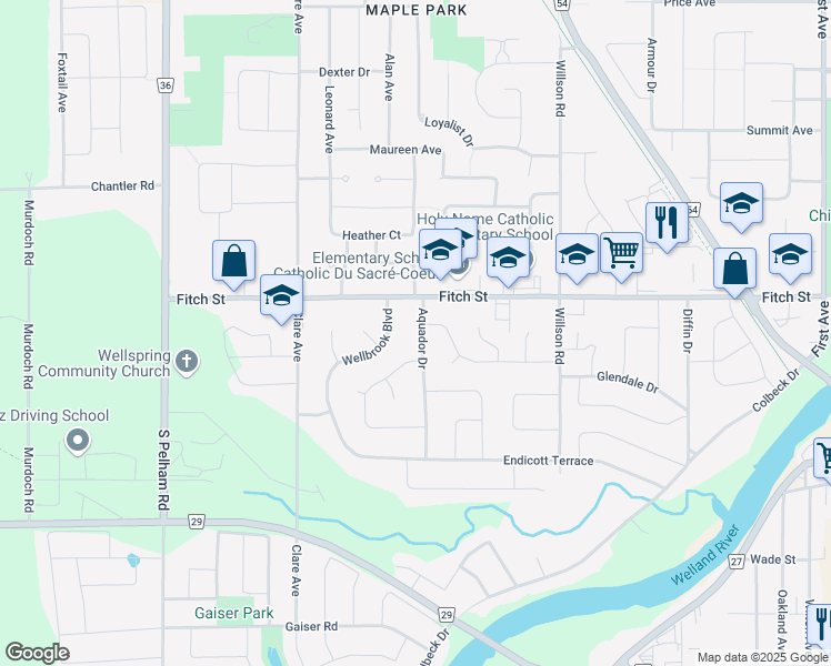 map of restaurants, bars, coffee shops, grocery stores, and more near 19 Aquador Drive in Welland