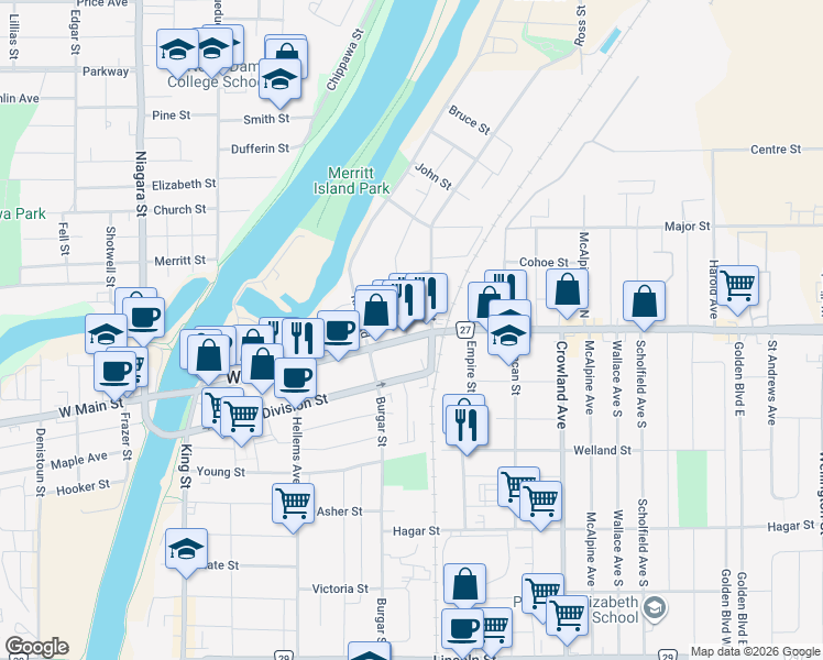 map of restaurants, bars, coffee shops, grocery stores, and more near 278 East Main Street in Welland
