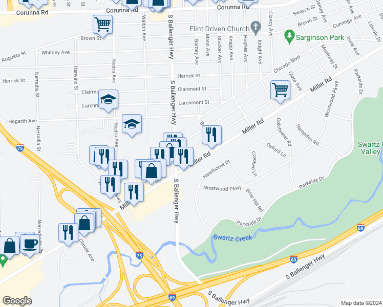 map of restaurants, bars, coffee shops, grocery stores, and more near 3521 Yale Street in Flint