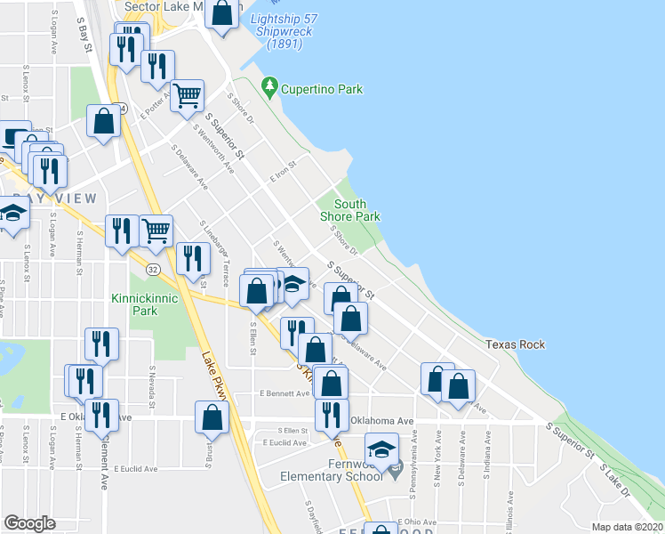map of restaurants, bars, coffee shops, grocery stores, and more near South Superior Street & East Trowbridge Street in Milwaukee