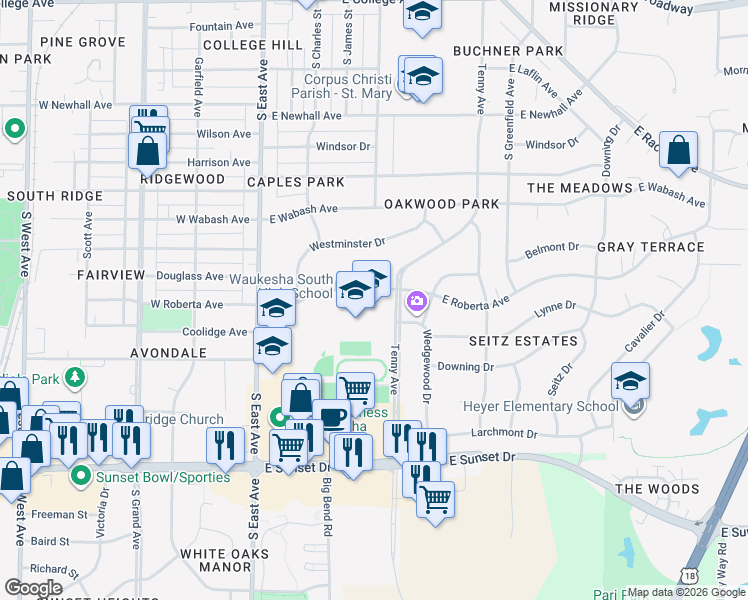 map of restaurants, bars, coffee shops, grocery stores, and more near 401 East Roberta Avenue in Waukesha