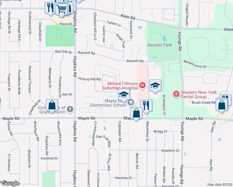 map of restaurants, bars, coffee shops, grocery stores, and more near 85 Oakbrook Drive in Buffalo