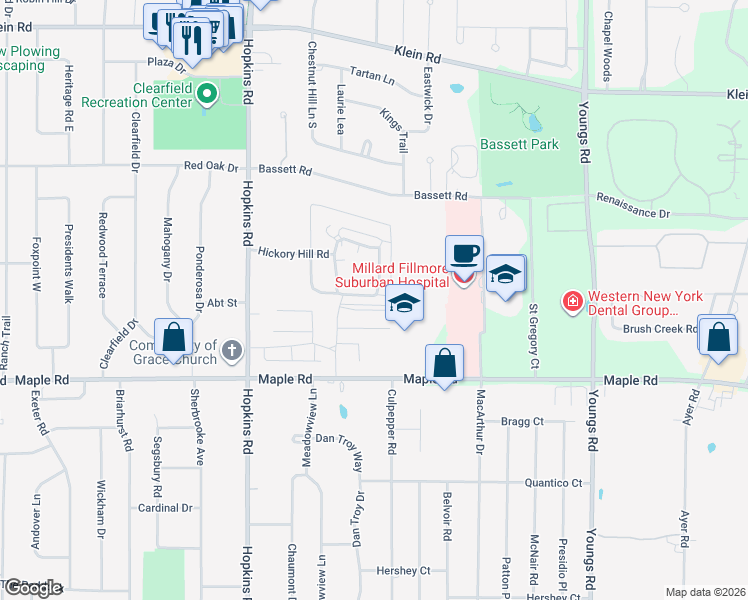 map of restaurants, bars, coffee shops, grocery stores, and more near 85 Oakbrook Drive in Buffalo