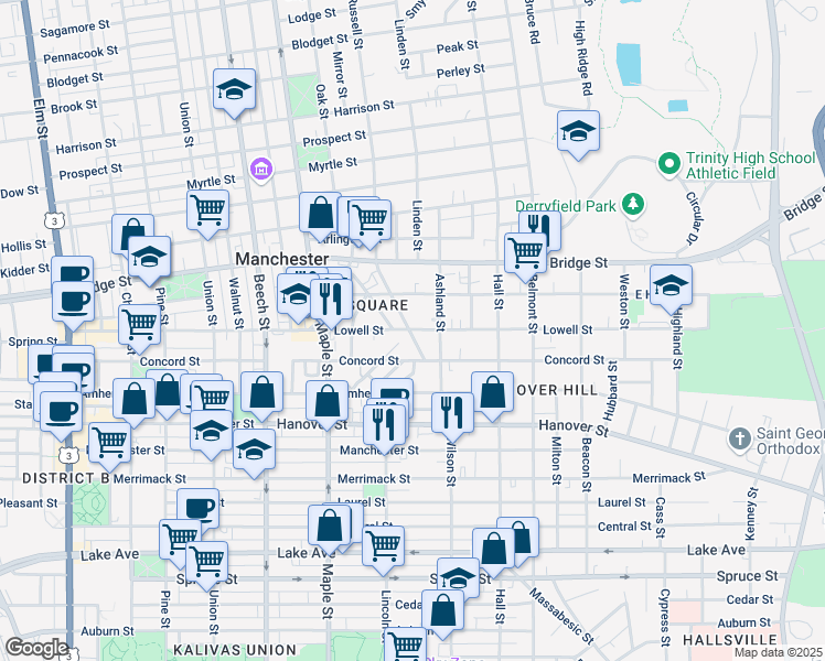 map of restaurants, bars, coffee shops, grocery stores, and more near 10 Malvern Street in Manchester