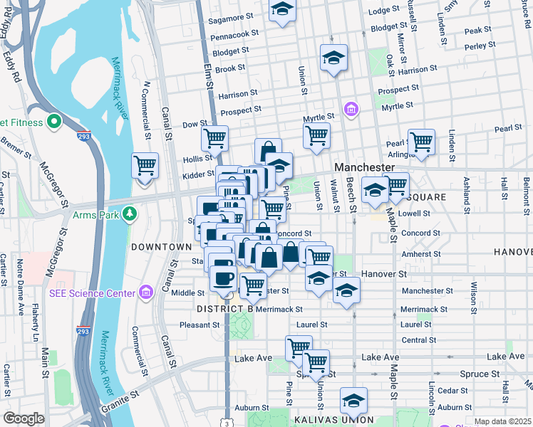 map of restaurants, bars, coffee shops, grocery stores, and more near 99 Lowell Street in Manchester