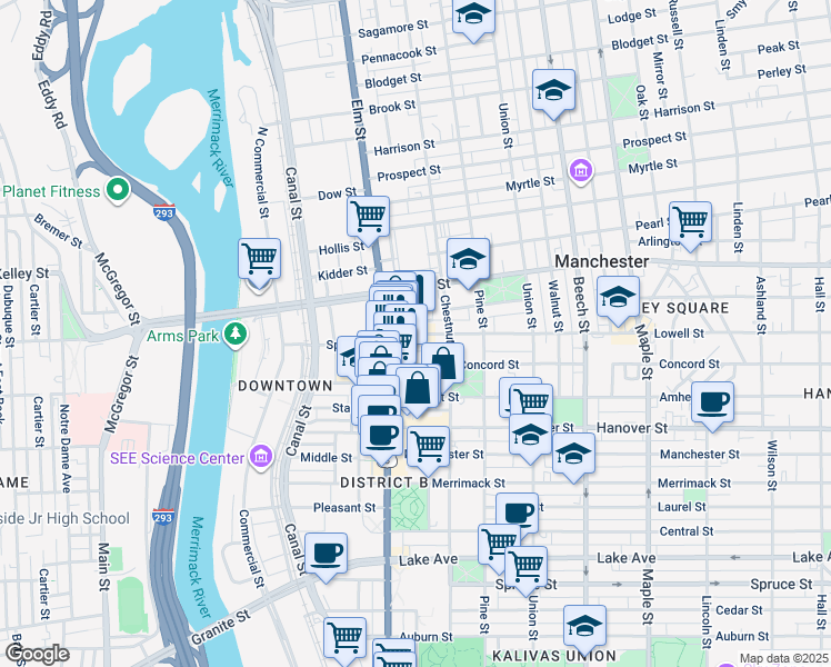map of restaurants, bars, coffee shops, grocery stores, and more near 52 Concord Street in Manchester