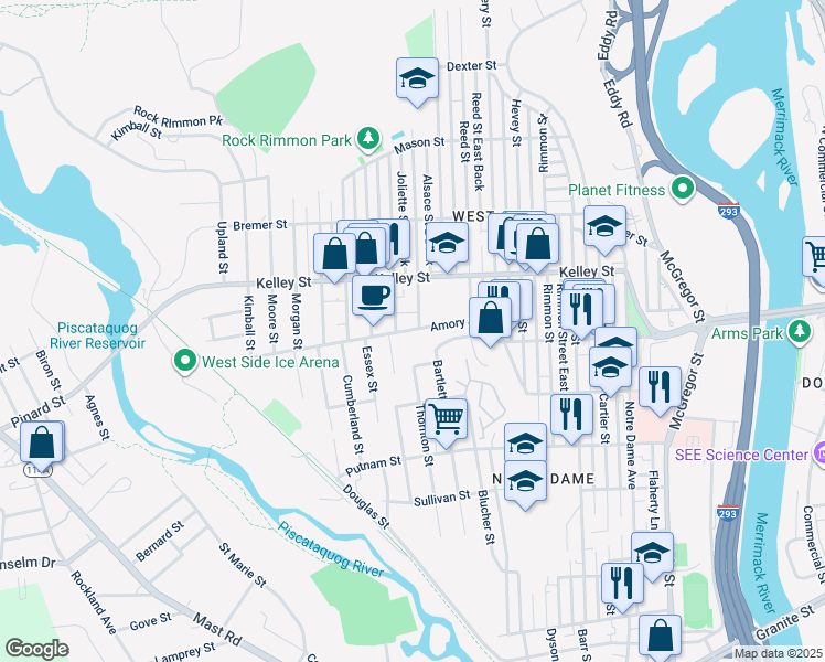 map of restaurants, bars, coffee shops, grocery stores, and more near 428 Amory Street in Manchester
