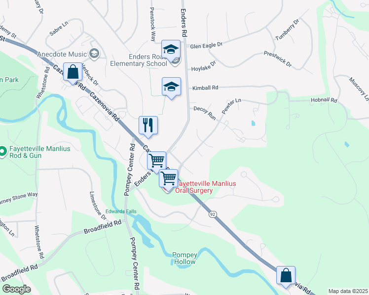map of restaurants, bars, coffee shops, grocery stores, and more near 4500 Pewter Lane in Manlius