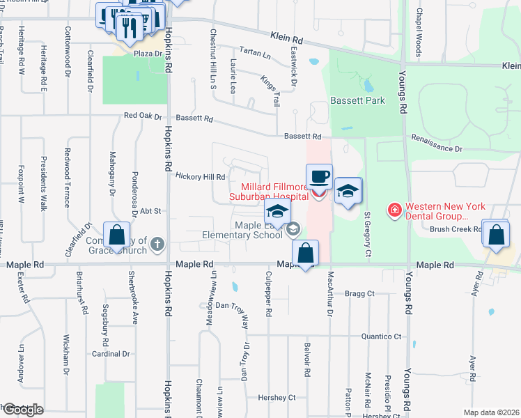 map of restaurants, bars, coffee shops, grocery stores, and more near 85 Oakbrook Drive in Buffalo