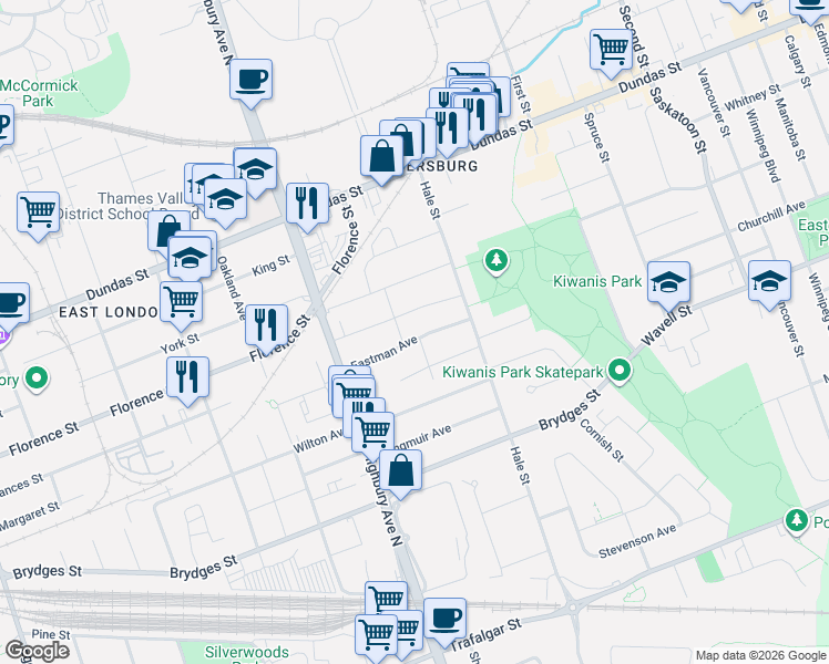 map of restaurants, bars, coffee shops, grocery stores, and more near 39 Eastman Avenue in London