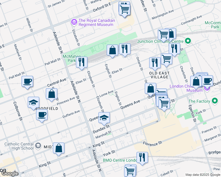 map of restaurants, bars, coffee shops, grocery stores, and more near 492 English Street in London