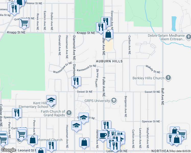 map of restaurants, bars, coffee shops, grocery stores, and more near 1670 Herrick Avenue Northeast in Grand Rapids