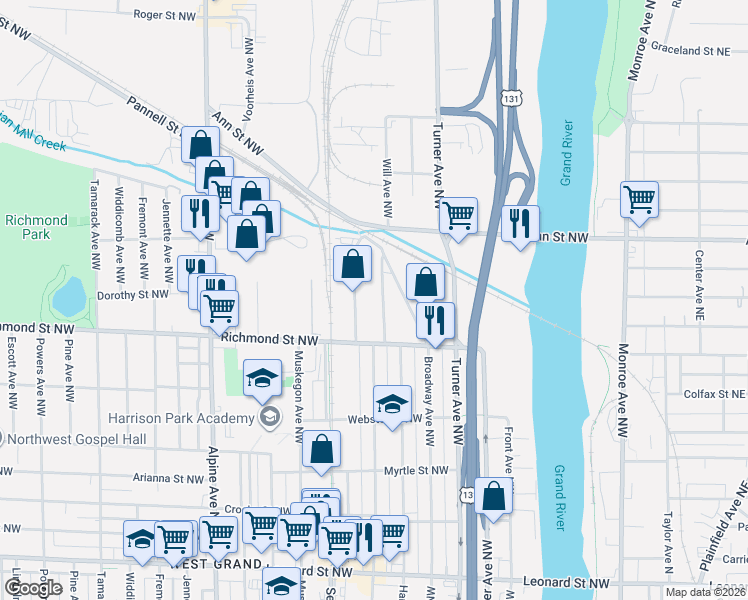 map of restaurants, bars, coffee shops, grocery stores, and more near 1625 Hamilton Avenue Northwest in Grand Rapids