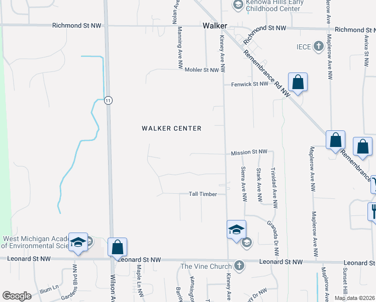 map of restaurants, bars, coffee shops, grocery stores, and more near 4115 Shannon Street Northwest in Grand Rapids