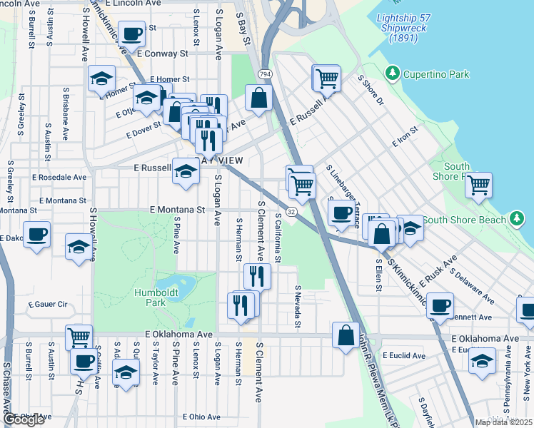 map of restaurants, bars, coffee shops, grocery stores, and more near 2832 South Clement Avenue in Milwaukee