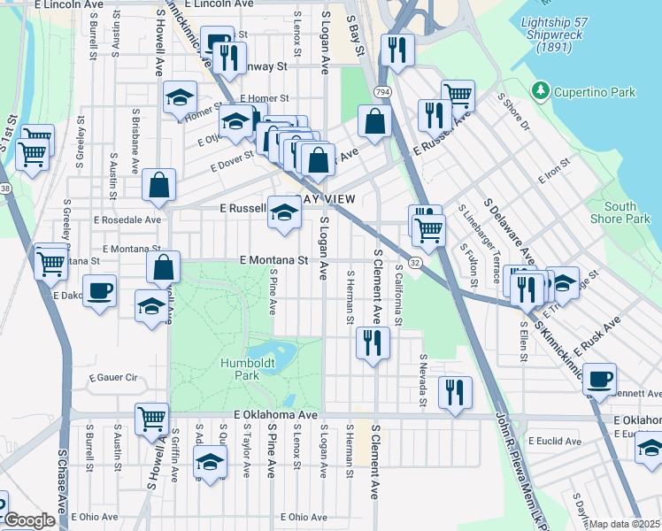 map of restaurants, bars, coffee shops, grocery stores, and more near 2837 South Logan Avenue in Milwaukee